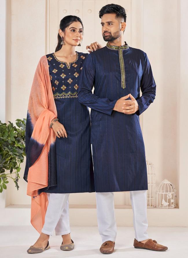 Pure Viscose Blue Festival Wear Embroidery Work Readymade Couple Combo Set